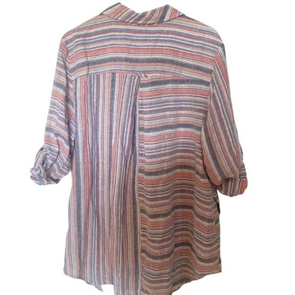 Intro. Linen blend button down blouse XL striped lagen look button sleeve - Picture 3 of 7